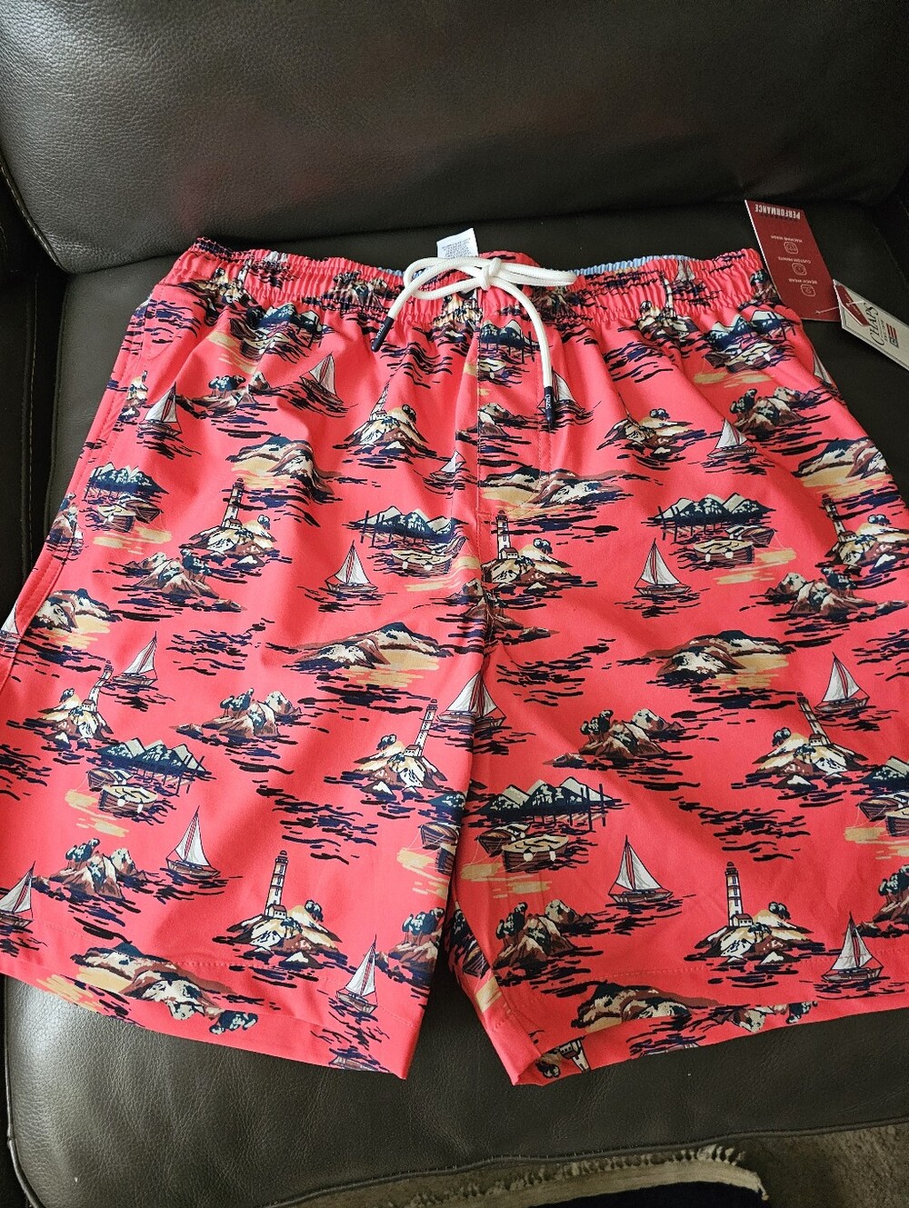 Chaps Red Nautical-Print Swim Trunks Medium New